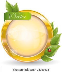 Gold circle frame with green leaf and ladybug, eps-10