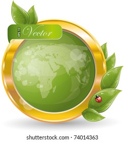 Gold circle frame with green leaf and globe, eps-10