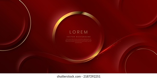 Gold Circle Frame Luxury On Red Elegant Background With Lighting Effect And Sparkle With Copy Space For Text. Luxury Design Style. Vector Illustration