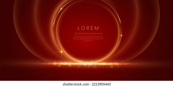 Gold circle frame luxury on red elegant background with lighting effect and sparkle with copy space for text. Luxury design style. Vector illustration