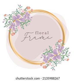 Gold circle frame with pink botanical floral, flower wedding invitation card element with beautiful watercolor style