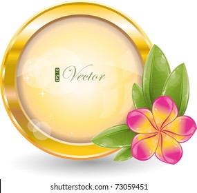 Gold circle frame with pink frangipani flower, eps-10