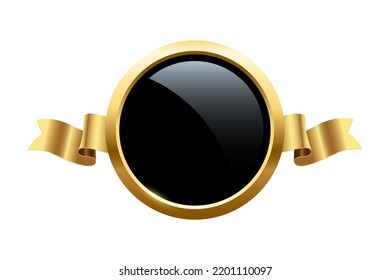 Gold circle frame and ribbon with shine and sparkle light effect vector illustration. Realistic 3d golden circular ring with mirror on inner surface, precious luxury award badge on white background