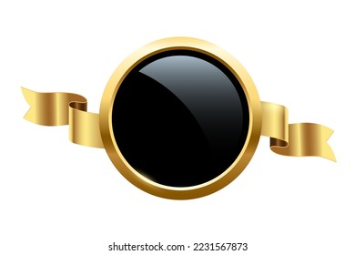 Gold circle frame and ribbon with shine and sparkle light effect vector illustration. Realistic 3d golden circular ring with mirror on inner surface, precious luxury award badge on white background