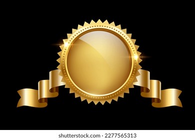 Gold circle frame and ribbon with shine and sparkle light effect vector illustration. Realistic 3d golden circular ring with mirror on inner surface, precious luxury award badge on black background.