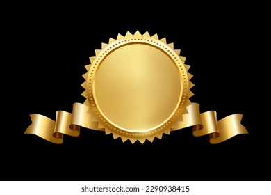 Gold circle frame and ribbon with shine and sparkle light effect vector illustration. Realistic 3d golden circular ring with mirror on inner surface, precious luxury award badge on black background.