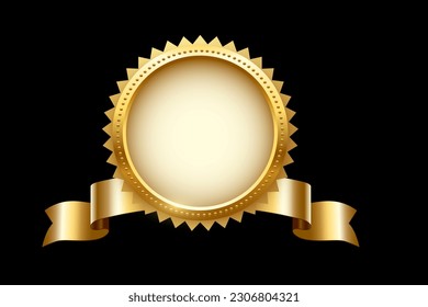 Gold circle frame and ribbon with shine and sparkle light effect vector illustration. Realistic 3d golden circular ring with shadow on inner surface, precious luxury award badge on black background.