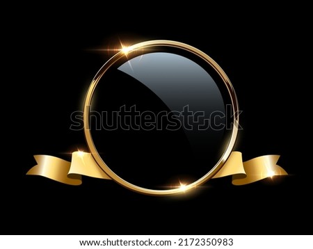 Gold circle frame and ribbon with shine and sparkle light effect vector illustration. Realistic 3d golden circular ring with mirror on inner surface, precious luxury award badge on black background