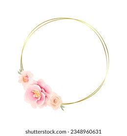 Gold circle frame with watercolor pink roses, vector round wreath template isolated on white 