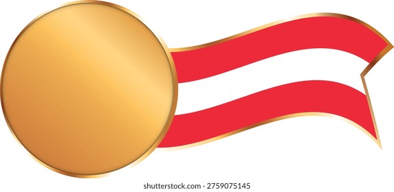 Gold circle frame with waving Austria flag ribbon, blank premium medal label template