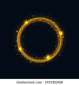 Gold circle frames with glitter light effect. A golden flash flie in a circle in a luminous ring.