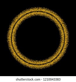 Gold circle glitter frame. Golden confetti dots round on black background. Bright texture pattern for Christmas celebration party, New Year card. Glow border. Abstract design Vector illustration