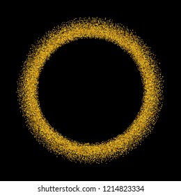 Gold circle glitter frame. Golden confetti dots round on black background. Bright texture pattern for Christmas celebration party, New Year card. Glow border. Abstract design Vector illustration