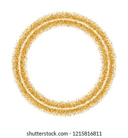 Gold circle glitter frame. Golden confetti dots round on white background. Bright texture pattern for Christmas celebration party, New Year card. Glow border. Abstract design Vector illustration