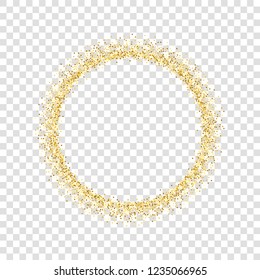 Gold circle glitter frame. Golden confetti dots round, white transparent background. Bright texture pattern for Christmas celebration party, New Year card border. Abstract design Vector illustration