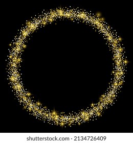 Gold circle glitter frame with sparkles. Shiny golden confetti round on black background. Template for Christmas and New Year design. Vector illustration