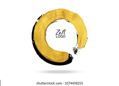 Gold circle. Hand drawn round design element for logo, business, corporate identity. Enso zen calligraphy brush stroke.