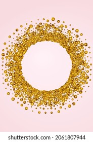 Gold Circle Holiday Vector Pink Background. Golden Sequin Banner. Yellow Glow Modern Wallpaper. Confetti Anniversary Invitation.
