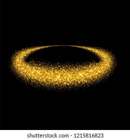 Gold circle. Light glitter effect. Golden ring, isolated black background. Ellipse magic element. Foil texture. Christmas shine decoration, round frame, New Year greeting design Vector illustration