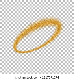 Gold circle. Light glitter effect. Golden ring, isolated white transparent background. Ellipse magic element. Foil texture. Christmas decoration, round frame, New Year design Vector illustration