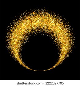 Gold circle. Light glitter effect. Golden ring, isolated black background. Ellipse magic element. Foil texture. Christmas shine decoration, round frame, New Year greeting design Vector illustration