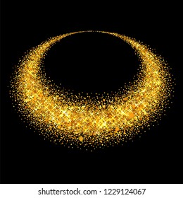 Gold circle. Light glitter effect. Golden ring, isolated black background. Ellipse magic element. Foil texture. Christmas shine decoration, round frame, New Year greeting design Vector illustration