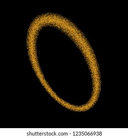 Gold circle. Light glitter effect. Golden ring, isolated black background. Ellipse magic element. Foil texture. Christmas shine decoration, round frame, New Year greeting design Vector illustration