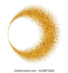 Gold circle. Light glitter effect. Golden ring, isolated white background. Ellipse magic element. Foil texture. Christmas shine decoration, round frame, New Year greeting design Vector illustration
