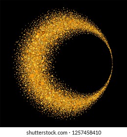 Gold circle. Light glitter effect. Golden ring, isolated black background. Ellipse magic element. Foil texture. Christmas shine decoration, round frame, New Year greeting design Vector illustration