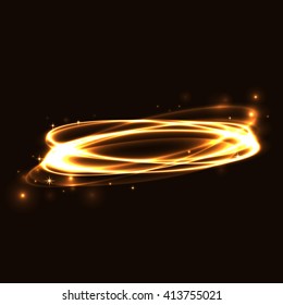 Gold circle light tracing effect. Glowing magic fire ring trace. Sparkle swirl trail on black background. Bokeh glitter round ellipse line with flying sparkling flash lights. Vector illustration.