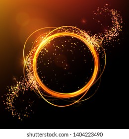 Gold circle light tracing. Energy brilliant round frame. Magic lights and flashes, fire ring trace. Sparkle swirl trail effect on black background. Bokeh glitter round ellipse line.