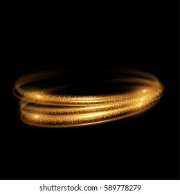 Gold circle light tracing. Glowing magic fire ring trace. Sparkle swirl trail effect on black background.  Vector illustration.