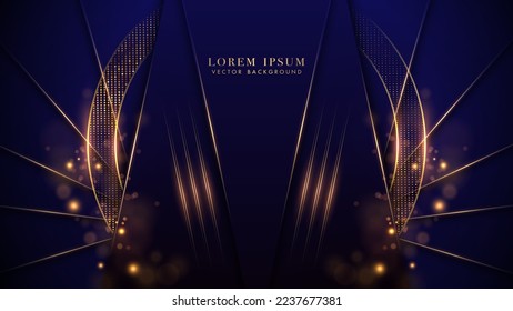 Gold circle and a gold line with glitter glowing effects, shine dots, and bokeh components on luxurious dark blue background. Vector illustration