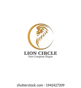 Plantilla de diseño del logotipo del vector de cabeza de león de círculo dorado
