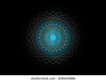 Gold Circle mandala, Blue Sacred Geometry, round frame sign geometric logo design, intertwining of square and triangular shapes, golden line drawing mystic icon vector isolated on black background 