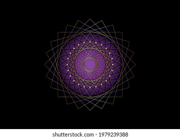 Gold Circle mandala, purple Sacred Geometry, round frame sign geometric logo design, intertwining of square and triangular shapes, golden line drawing mystic icon vector isolated on black background 