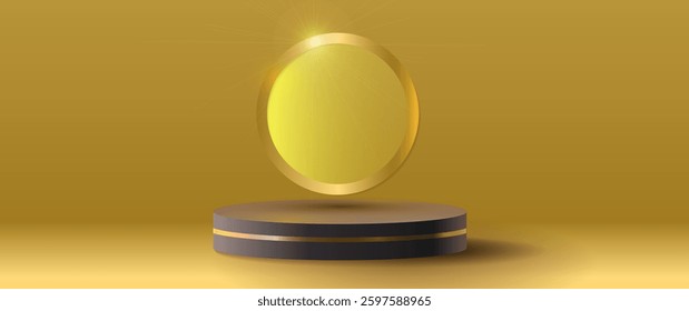 Gold circle podium stand for award or product display background. Vector illustration 3d golden stage, luxury elegant design for cosmetic presentation, showroom, advertising, event, banner template