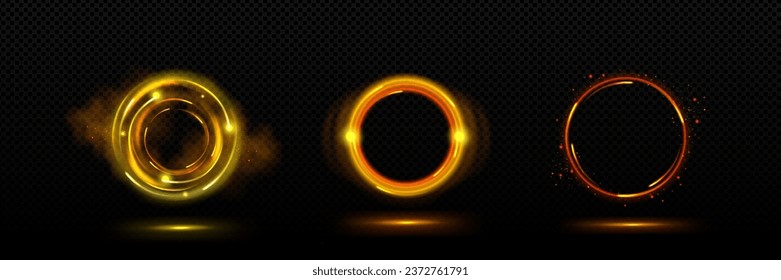 Gold circle portal with magic light and spark glow. Neon flare round frame isolated vector swirl. Abstract glitter led line motion yellow design. Golden luminous orb luxury graphic illustration