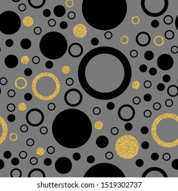 Gold circle seamless background. Circle and graphics elements. Abstract seamless pattern for card, invitation, poster, banner, placard, diary, album, sketch book cover. Golden glitter texture.