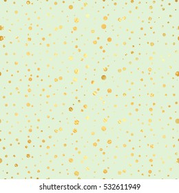 Gold circle seamless pattern. Abstract gold geometric modern background.Gold dots. Vector illustration. Shiny backdrop. Texture of gold foil. Art deco style. Polka dots, confetti.