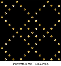 Gold circle seamless pattern. Golden glitter on black background. Abstract geometric texture. Vintage. Design graphic wallpaper, wrapping, fabric, textile, shirts. Vector Illustration. Sequins.