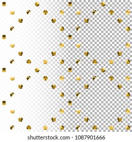 Gold circle seamless pattern. Golden glitter on transparent background. Abstract geometric texture. Vintage. Design graphic wallpaper, wrapping, fabric, textile, shirts. Vector Illustration. Sequins.