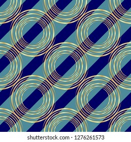 Gold circle seamless pattern. Golden circle on blue and black diagonal lines background.
