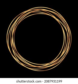 Gold circle shape. Label, logo design element, frame. Brush abstract wave. Vector illustration