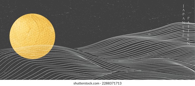 Gold circle shape with mountain landscape pattern in vintage style. Abstract art banner design with moon element vector in Japanese style. Line pattern.