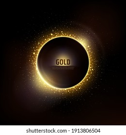 Gold circle of shiny particles on a black background. Shining gold frame, place for text. Celebration vector background. Festive round border, frame. Glow light effect on dark. Card party Invitation