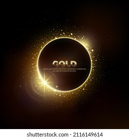 Gold circle of shiny particles on a dark background. Shining gold frame, place for text. Invitation vector background. Round border, frame. Card party Invitation. Lens flare effect on dark