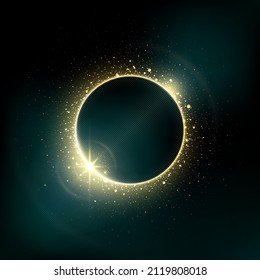 Gold circle of shiny particles on a dark green blue background. Shining gold frame, place for text. Invitation vector background. Round border, frame. Lens flare effect on dark. Card party Invitation