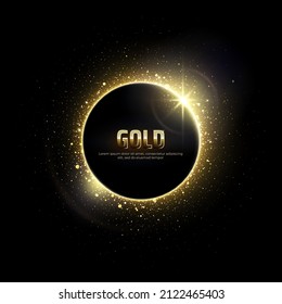 Gold circle of shiny particles on a black background. Invitation vector background. Shining gold frame, place for text. Round border, frame. Card party Invitation. Lens flare effect on dark