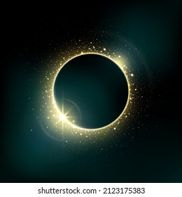 Gold circle of shiny particles on a dark green blue background. Shining gold frame, place for text. Invitation vector background. Round border, frame. Lens flare effect on dark. Card party Invitation